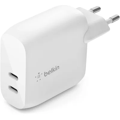 A white Belkin USB-C power adapter with two ports is shown against a white background.