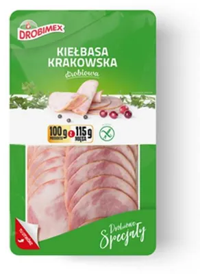 Zdjęcie produktu dla Kiełbasa krakowska z kurcząt plastry 100 g Drobimex