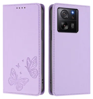 Produktbild von Lederhülle für Xiaomi 13T /Xiaomi 13T Pro, Schmetterling Prägung Leder Brieftasche Schutzhülle mit Ständer Violett