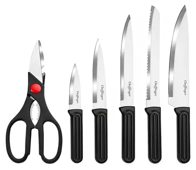 Zdjęcie produktu dla Cheffinger, 7-częściowy zestaw noży z blokiem i nożyczkami, ergonomiczne uchwyty, czarny / srebrny