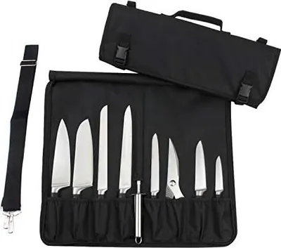 Produktbild von Tosnail Messertasche mit 15 Fächern, Kochmesser Rolltasche, Messerkoffer mit Tragegriff und Schultergurt - Schwarz Messer-Rolltasche für Camping Wandern