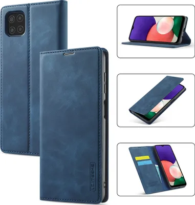 A collage of images showing a blue leather phone case for a Samsung Galaxy A22 5G.