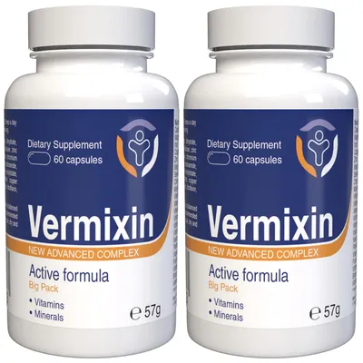 Produktbild von Vermixin - 120 Kapseln (2x60) hochdosiert - Original Rezept aus der Schweiz - Vegan & Pflanzlich mit Vitaminen & Mineralien - 2er Pack