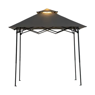 A gray pop-up gazebo with a light on top, shown against a white background.