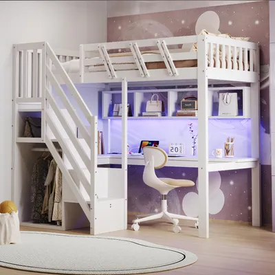 Image de Lit superposé 90 x 200 cm avec escalier de rangement, bureau, étagères, éclairage LED et prise USB, dimensions 205 x 143,5 x 170 cm, couleur blanche