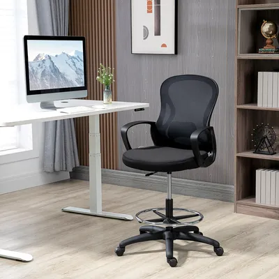 Produktbild von Sweiko Bürostuhl, Zeichenstuhl mit Fußstütze, höhenverstellbar, 5 Rollen, Schwarz