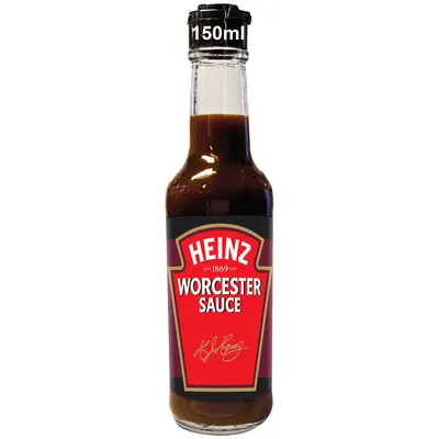 A bottle of Heinz Worcestershire Sauce.