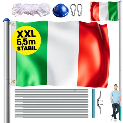 Produktbild von MONZANA® Fahnenmast 6,5m Seilzug Bodenhülse inkl. Italien Flagge Italienische Nationalflagge Fahne höhenverstellbar Flaggenmast Aluminium Teleskop Fahnenstange