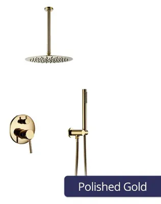Produktbild von Regendusche Duschsystem - Wandmontage Duschset - Runde Kopfbrause 25 cm - 2-Wege Umsteller Kopf+Handbrause - Messing - Gold