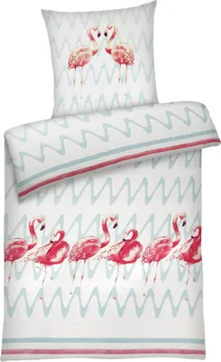 A flat lay image of a bedding set with a flamingo pattern.