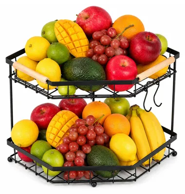 2-stöckiger Obstkorb Edelstahl, 26,4x28x27,4 cm, schwarz, mit Bananenhaken