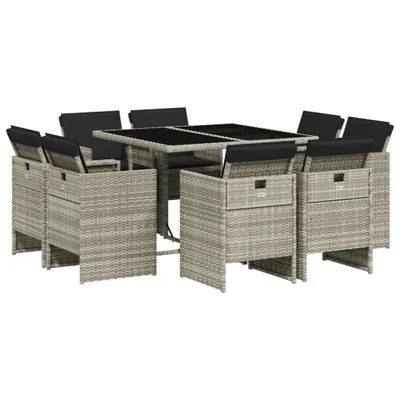 Produktbild von 9-tlg. Garten-Essgruppe mit Kissen Hellgrau Poly Rattan