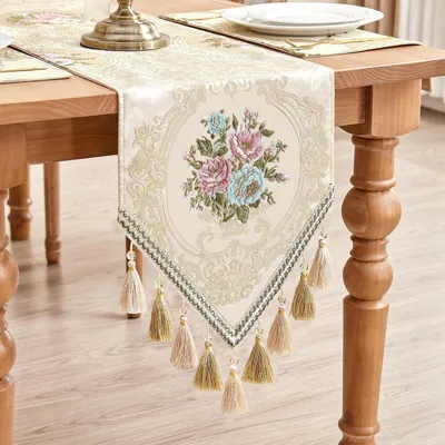 Immagine prodotto di Runner da tavolo con frange, motivo floreale, color beige, 33x228 cm