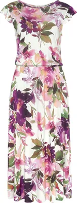 Produktbild von BEACH TIME Jerseykleid mit Blumendruck und Gummizug aus Viskosejersey, elegantes Midikleid weiß bedruckt Größe 40