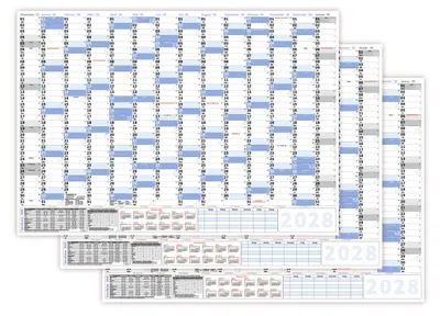 Produktbild von 3 Stück XXL Wandkalender DIN B1 2028 blau, nass abwischbar Format 100 x 70cm Jahresplaner Wandplaner gerollt Neutraler Kalender Feiertage aller Bundesländer