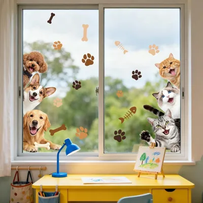 Productafbeelding van Raamdecoratie met kattenmotieven en pootafdrukken, dubbelzijdig te gebruiken, 120 x 30 cm