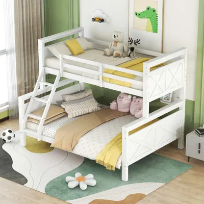 Image de Lit mezzanine avec échelle & garde-corps, transformable en 2 lits simples, design robuste en bois pour enfants, adolescents & adultes, blanc, 90(140)x200cm