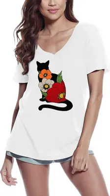 Produktbild von Damen Grafik T-Shirt V-Ausschnitt Katze - Vintage bedrucktes Shirt - Katzenliebhaber – Cat - Vintage Printed Shirt - Cat Lovers – Öko-Verantwortlich