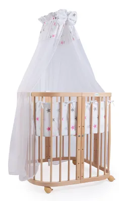 Produktbild von Waldin Babybett Kinderbett 7in1 mit Matratze, mitwachsendes Kinder-Bett,Stoffe Sterne pink,Holz natur
