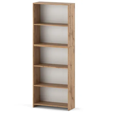 A tall, narrow bookshelf with five shelves, made of wood-look material, against a white background.
