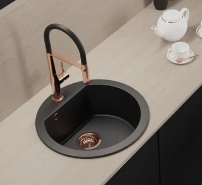 Produktbild von BADLAND Granitspüle Einzelbecken Rund I Dafne 51x51 Schwarz | Siphon im SET!