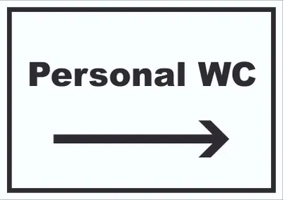 Produktbild von Personal WC Schild mit Text und Richtungspfeil rechts waagerecht A6 Rückseite selbstklebend