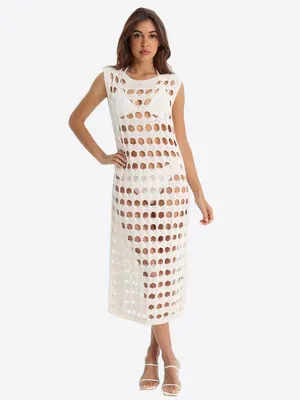 Produktbild von Damen-Midikleid mit durchbrochenem Muster, ärmellos, Häkelstil.