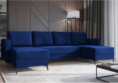 Produktbild von Easy4You Ecksofa Marineblau JORD U-Form – 303x94x145 cm - Schlafsofa mit Bettkasten und Schlaffunktion - Eckcouch mit Stauraum, Metallfüße und Kissen – Stoff Manila 26