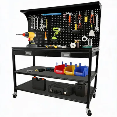 Image de Table de travail mobile - 122 cm - Acier - 2 tiroirs - Panneau perforé - 3 étagères - Noir