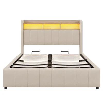 Produktbild von Flieks Polsterbett 140x200cm mit USB &Type-C, Boxspringbett Stauraumbett mit LED & Stauraumkopfteil, Doppelbett Jugendbett, Leinen, Beige