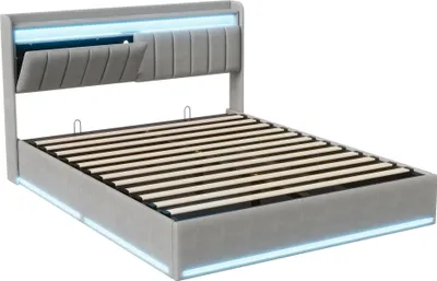 Image de Lit double - Lit rembourré 140 x 200 cm - Tête de lit à LED avec port USB - Coffre de rangement - Revêtement en velours - Structure métallique - Design moderne