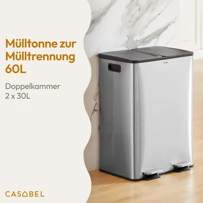 Produktbild von CASABEL Doppel-Küchenabfalleimer 2x30L, Edelstahl, 2 Pedale, Chrom