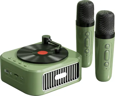 A green retro-style Bluetooth speaker with a vinyl record on top, accompanied by two green microphones.