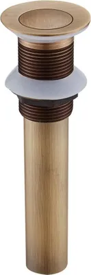 A close-up studio shot of a bronze-colored drain assembly for a sink.