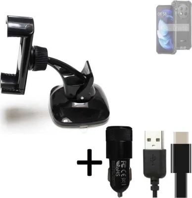 Produktbild von K-S-Trade Handy-Halterung kompatibel mit Oukitel WP28 Windschutzscheibe / Armaturenbrett + LADEGERÄT mit Mico USB Kabel Autohalterung