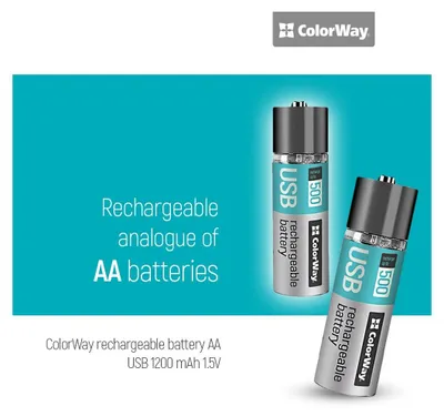 Two rechargeable AA batteries with USB charging ports are displayed against a turquoise and white background, with text highlighting their features.