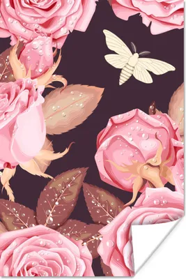 Produktbild von MuchoWow® Poster Rosen - Schmetterlinge - Tropfen 40x60 cm - Plakate für die Wand - Poster Babyzimmer