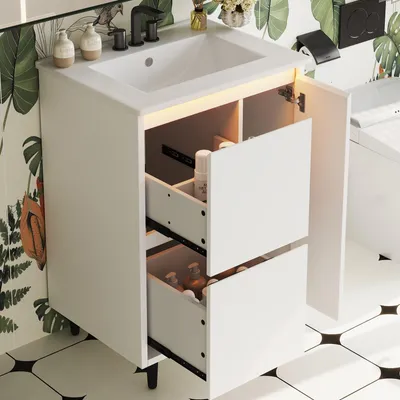 Produktbild von 61*46.5*87 freistehender Badezimmerwaschtisch komplett lackierte Oberfläche integriertes Keramikbecken Soft-Close-Scharniere zwei Schubladen