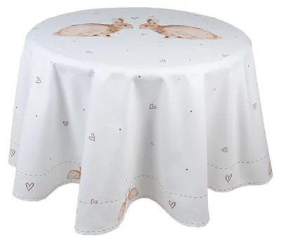 Productafbeelding van Clayre & Eef tafelkleed, diameter 170 cm, wit, bruin, katoen, met konijnenprint