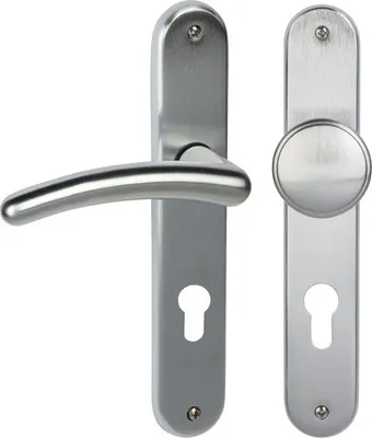 Produktbild von Langschildgarnitur Franziska chrom/satiniert PZ mit Knopf + Drücker für Wohnungseingangstür rechts