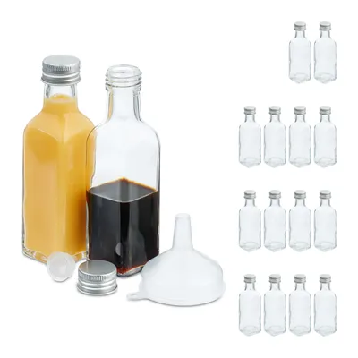 Produktbild von Relaxdays kleine Flaschen, 16er Set, 100 ml, Glasflaschen zum Befüllen, Schraubverschluss & Korken, transparent/silber