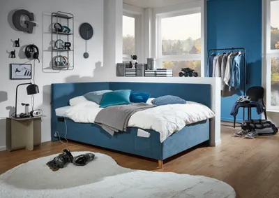 Produktbild von Meise Möbel Kinderbett Cool 140x200 cm | Bettgestell | Kopfteil & Rückenteil glatt | Cordstoff Ocean | Holzfuß eiche