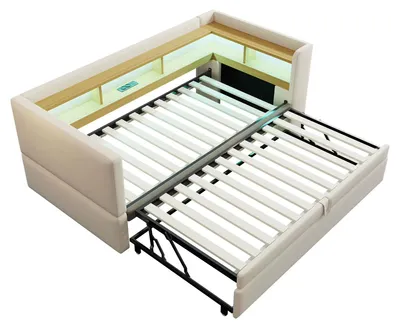 Imagen del producto de Sofá cama - Extensible - Cama individual 90/180 x 190 cm - Iluminación LED y enchufes - Tapizado en terciopelo - Espacio de almacenamiento - Color beige
