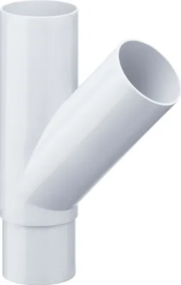 A white PVC pipe fitting, specifically a 45-degree Y-shaped connector, is shown against a white background.