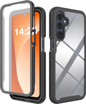 A phone case with a phone inside, shown from the side and front.