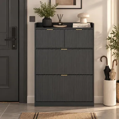 Immagine prodotto di Armadio per scarpe INONEFT, modello stretto con 2 cassetti e 2 ante a ribalta, contenitore per scarpe con divisori regolabili, ideale per l'ingresso e il corridoio, dimensioni 80x24x110 cm