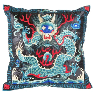 Obrázek produktu pro Jemné Asianliving Čínský polštář ručně vyšívané modré černé Dragon 45x45cm bavlna japonský orientální asijský styl