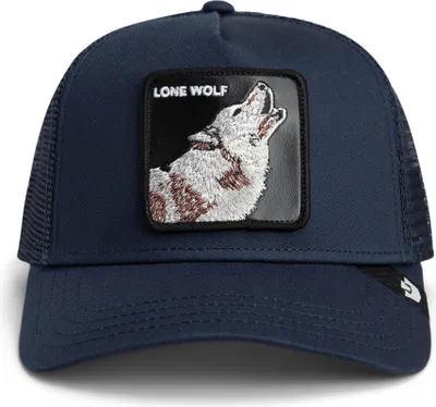 A navy blue trucker cap with a patch featuring a wolf howling and the text 'LONE WOLF'.