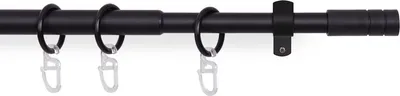 A black curtain rod with rings and clips against a white background.