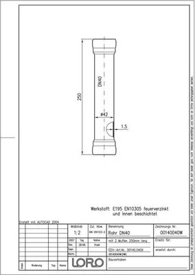 Produktbild von Loro Loro-x Stahlabflussrohr 00140.040X 250mm, DN 40, 2 Muffen, feuerverzinkt, Innenbeschichtung
